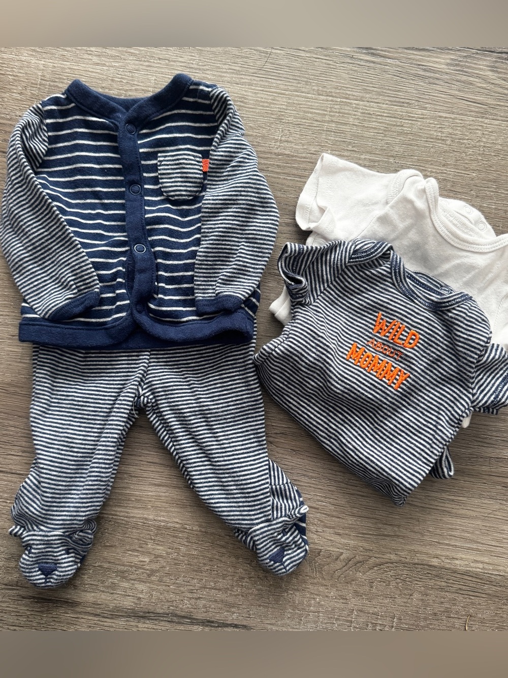 Navy & White Striped Baby Outfit Set with Orange Accent